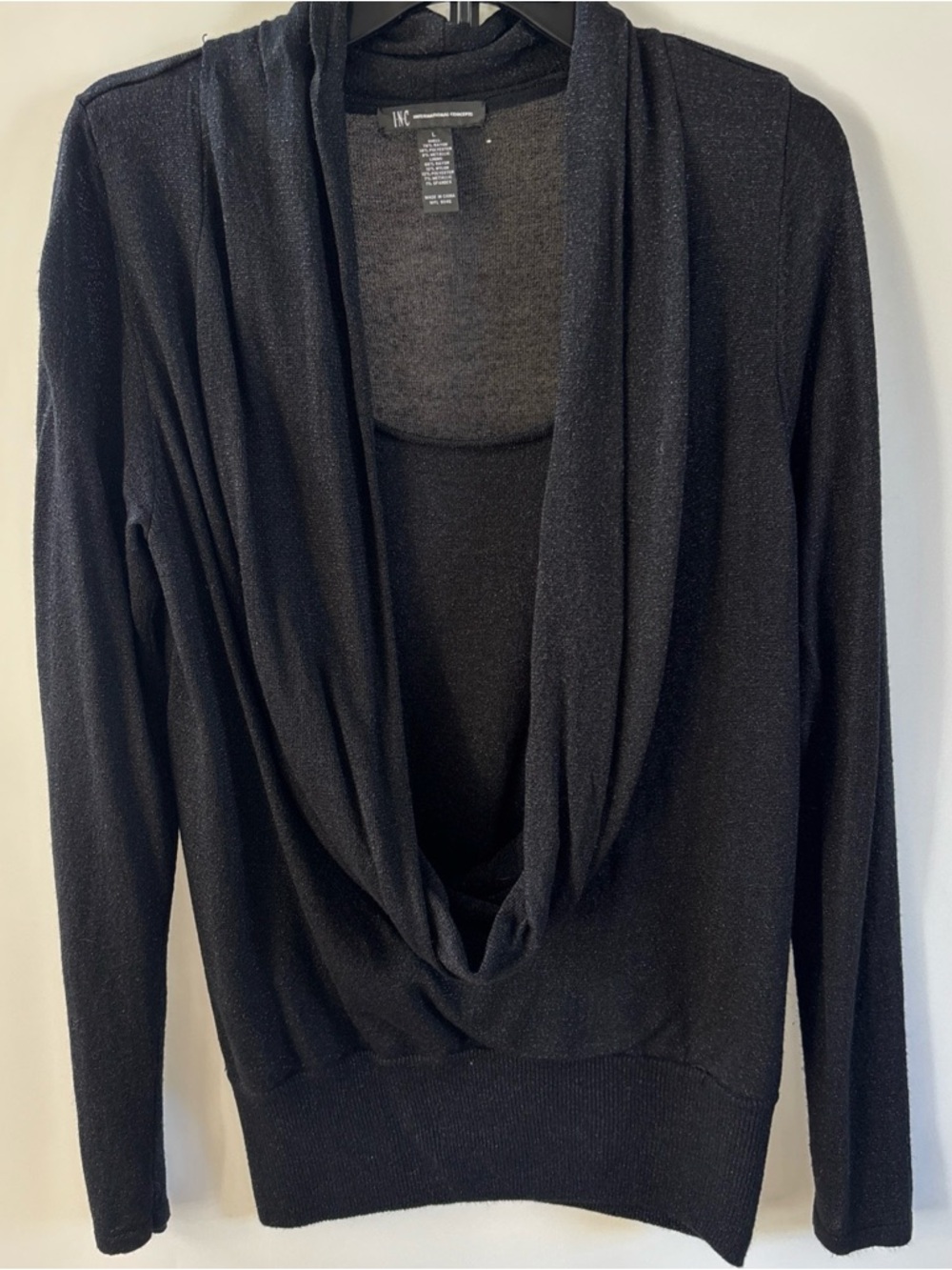 INC Women's Black Metallic Drape Front Sweater Top, Large